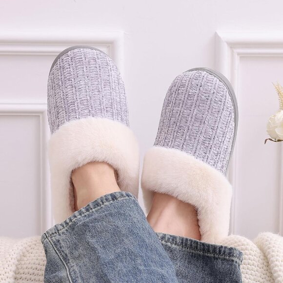 ⚡Women Grey Faux Fur Fleece Comfy Wool Like Warm Knit Chenille Slipper - Picture 2 of 7